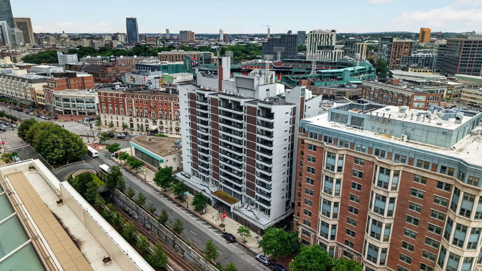 Aerial view of a condo building on Commonwealth Ave in Boston, MA