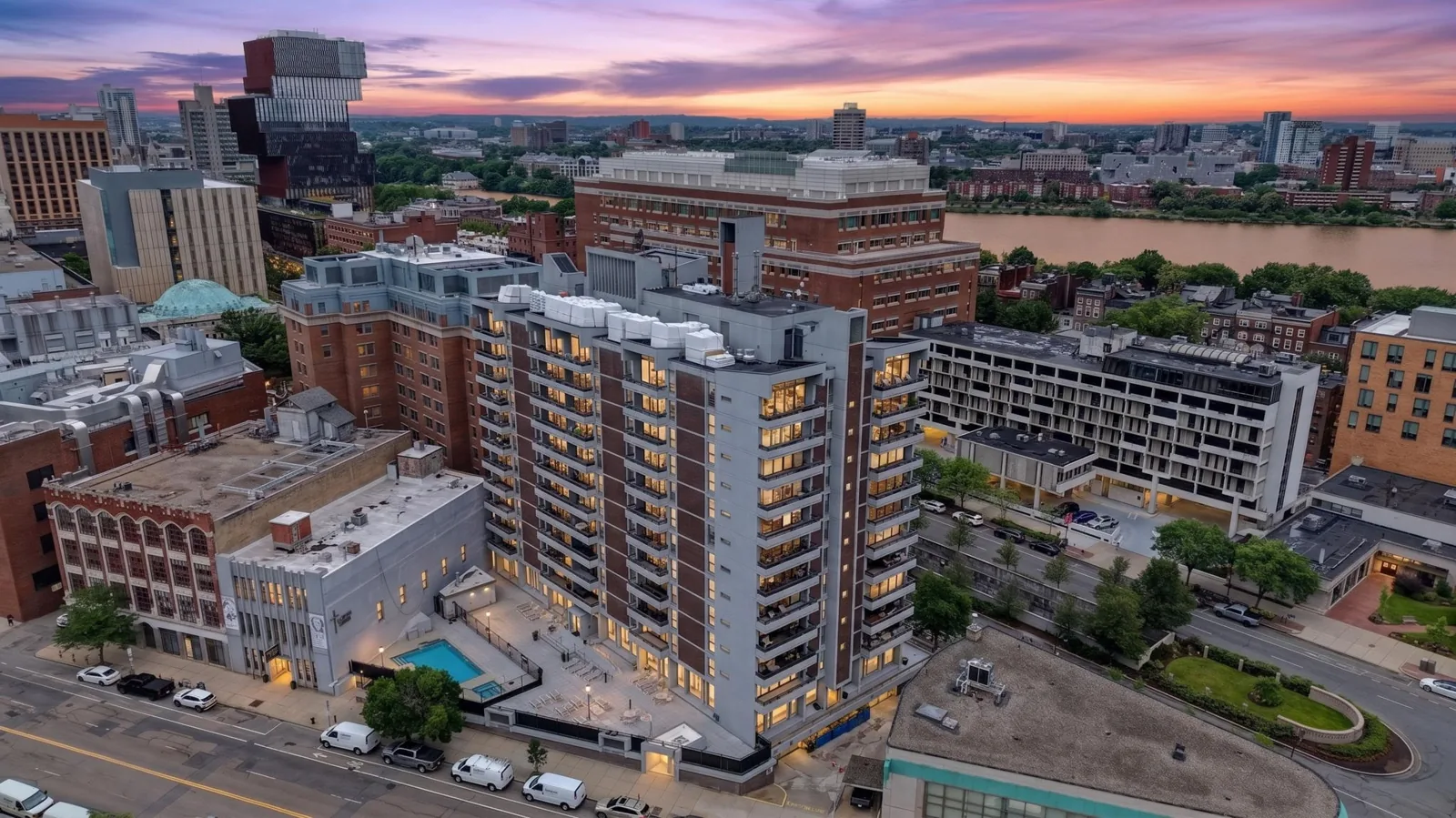 Twilight drone view of a condo building on Commonwealth Ave in Boston, MA