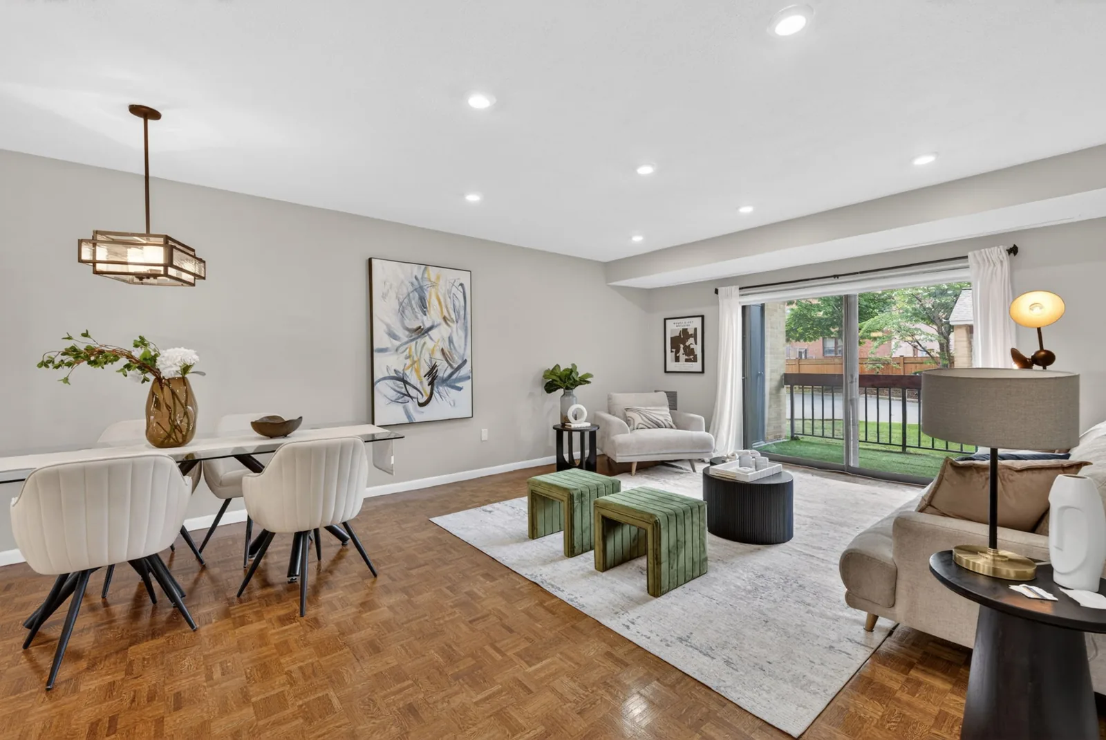 Living and dining room in a condo on Centre St in Brookline, MA