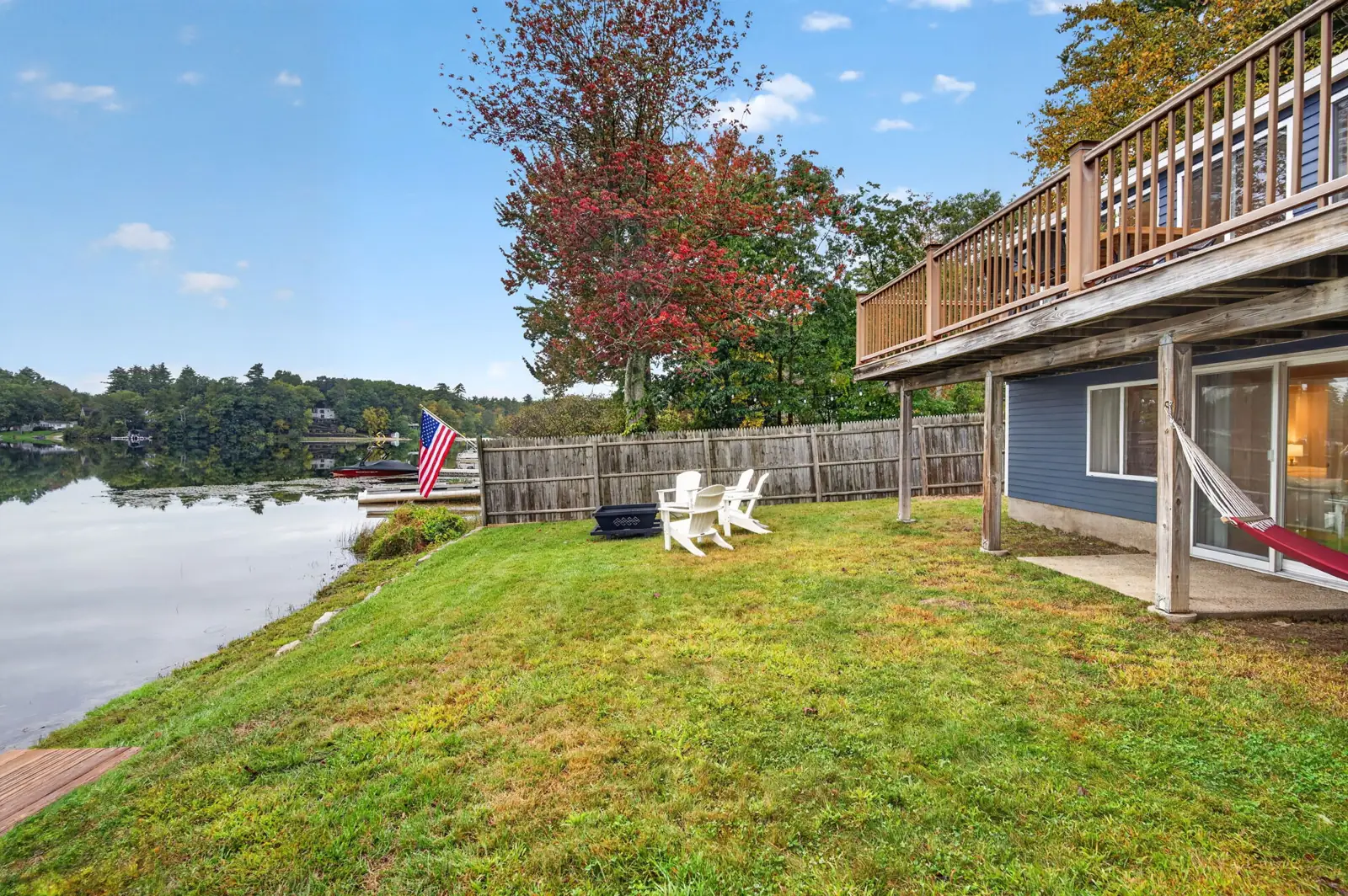 Waterfront yard and deck at a lake home in Sandown, NH
