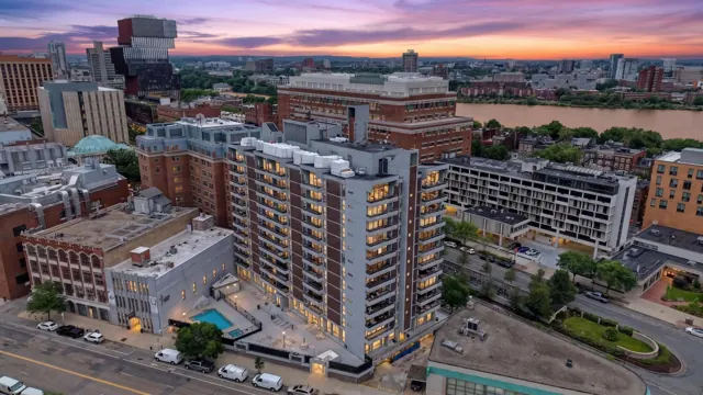Twilight drone view of a condo building on Commonwealth Ave in Boston, MA