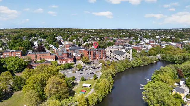 Drone aerial view of Medford, MA along the Mystic River