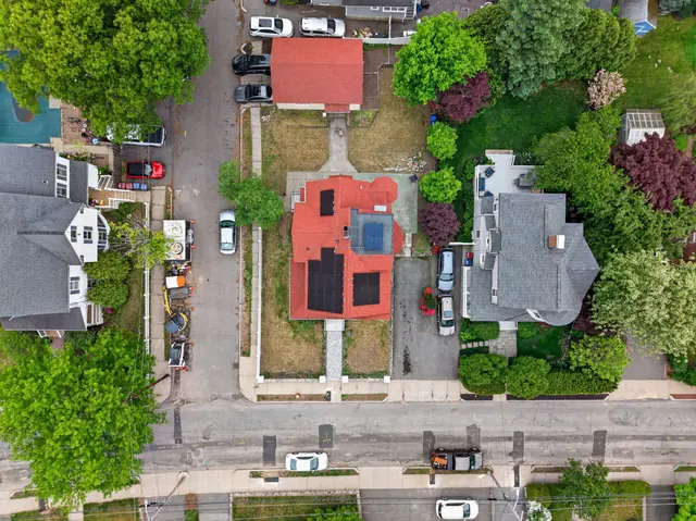 Overhead drone photo of a single-family home and lot on Grove St in Melrose, MA